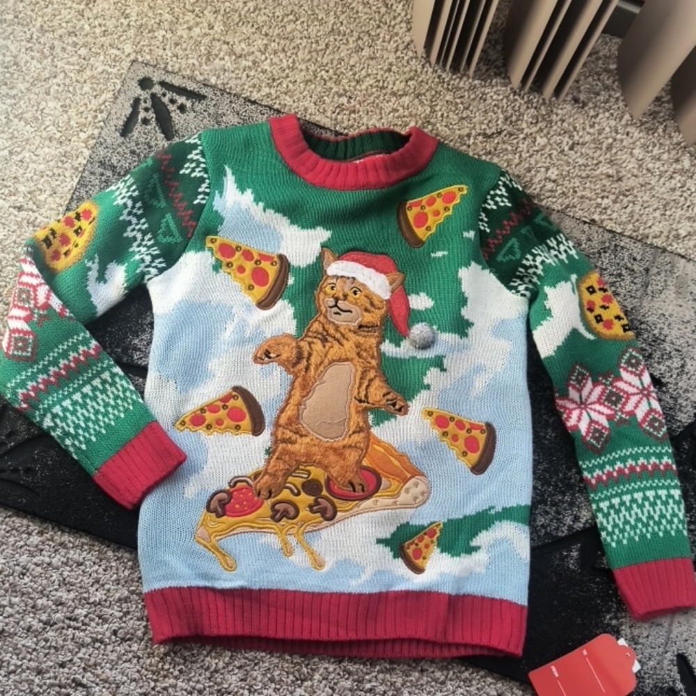 33 Degrees Festive Green Surfing Pizza Cat Sweater For Kids Size 6/7 NWT